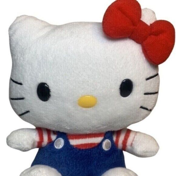 TY Hello Kitty Red White & Blue Stuffed Animal 7" Doll Overalls Stripe Patriotic - Picture 11 of 11